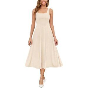 Womens Spring Summer Square Neck Sleeveless Flowy Swing Midi Dress
